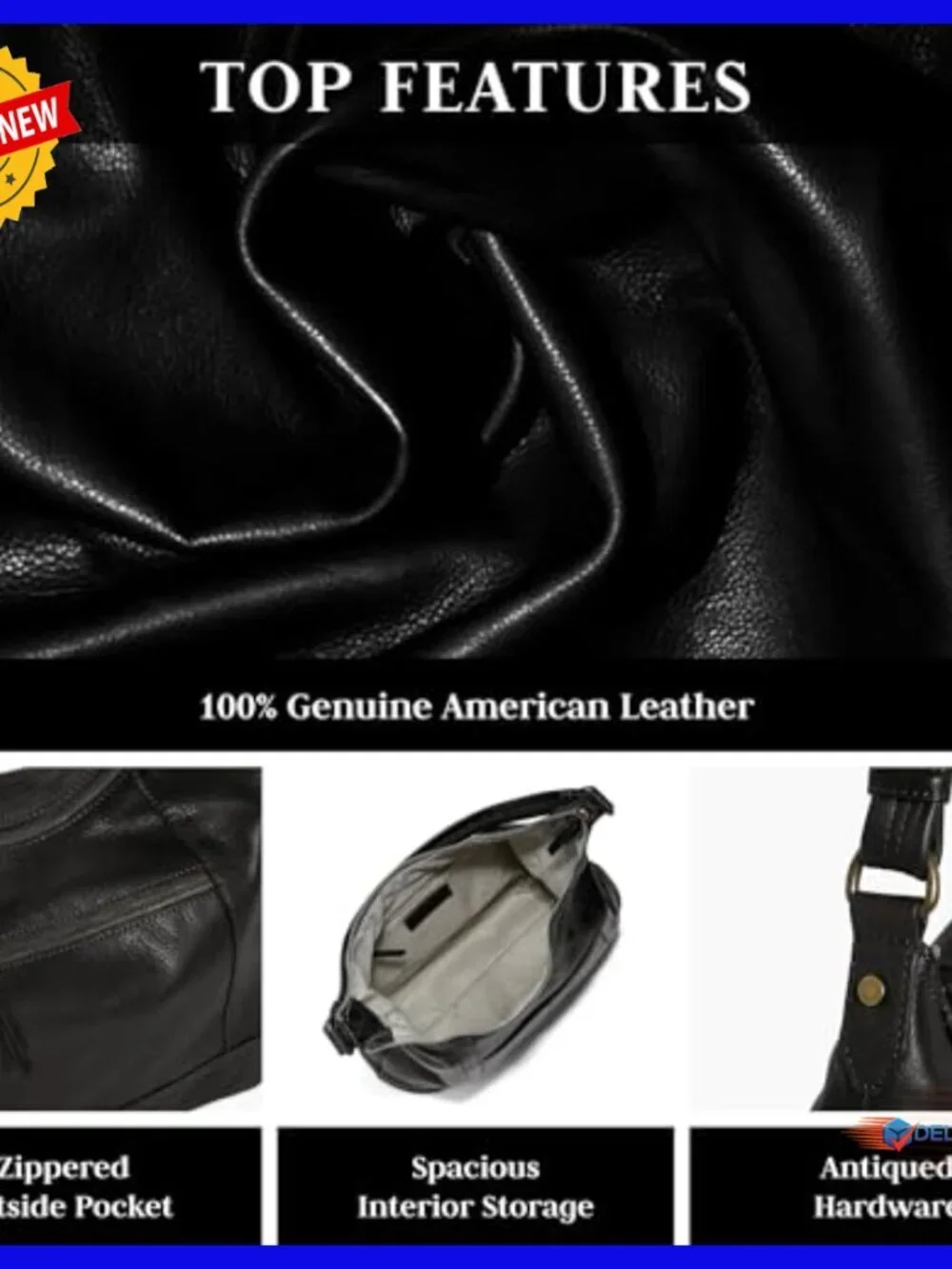 Genuine Leather Hobo Shoulder Bag with Zippered Compartments and Slip Pockets